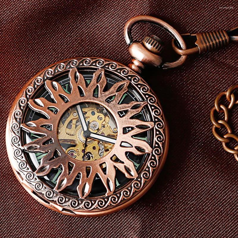 

Pocket Watches Retro Rose Copper Self Winding Automatic Mechanical Hollow Sun Flower Vintage Pendent Watch Clock For Men, Silver