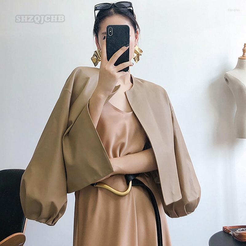 

Women' Leather 2022 Genuine Women' Coat Short Spring Korean Loose Casual O-Neck Lantern Sleeve Sheep Jacket Clothing, Black