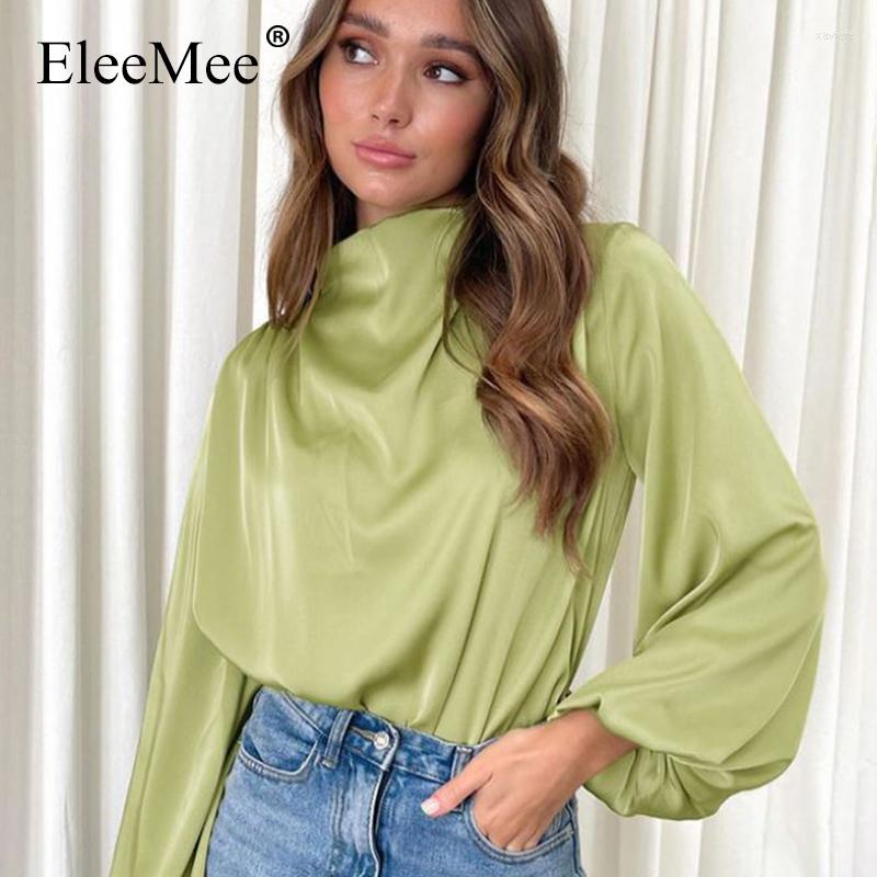 

Women' T Shirts EleeMee Satin Shirt For Women Long Sleeve Stylish Turtleneck Solid Color Female Fashion Sexy Ladies Blouses Size -L, Green