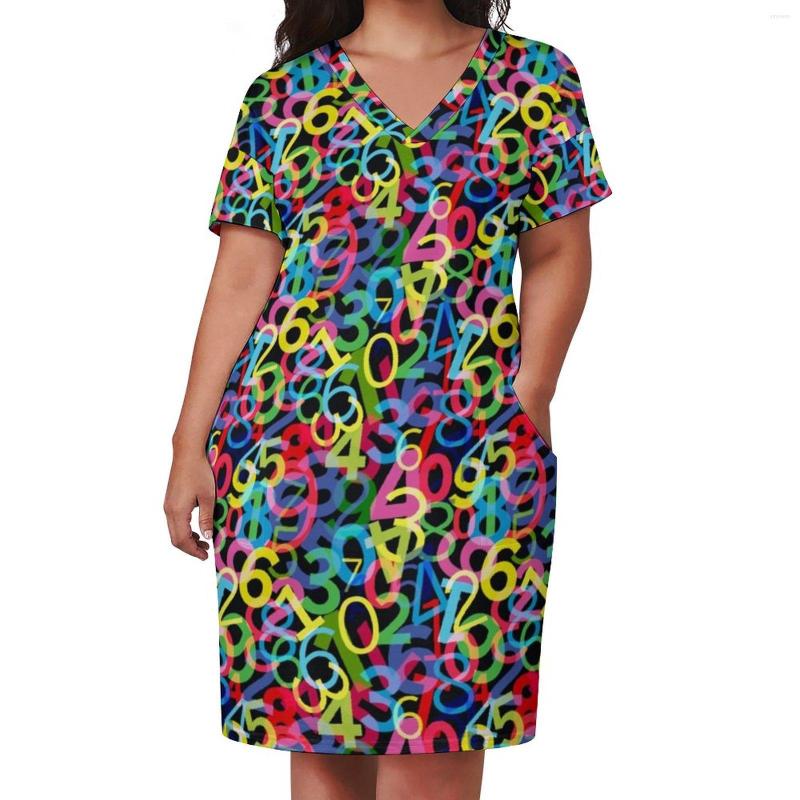 

Plus Size Dresses Colorful Math Casual Dress Summer Numbers Print Trendy Womens V Neck Printed Streetwear 3XL 4XL, Style-15