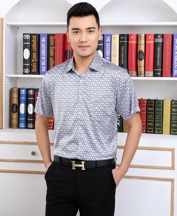 

Men's Casual Shirts Grid Blue 2022mulberry Silk Short Sleeve Shirt Men's Leisure