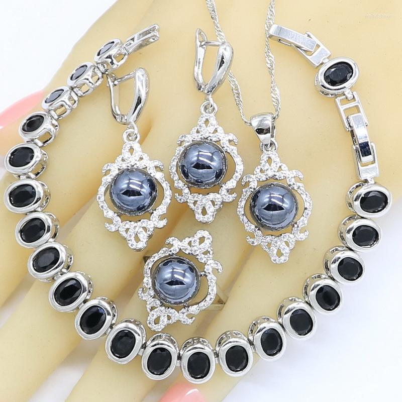 

Necklace Earrings Set 925 Silver Black Pearl For Women Rings Pendant Zircon Bracelet, Picture shown