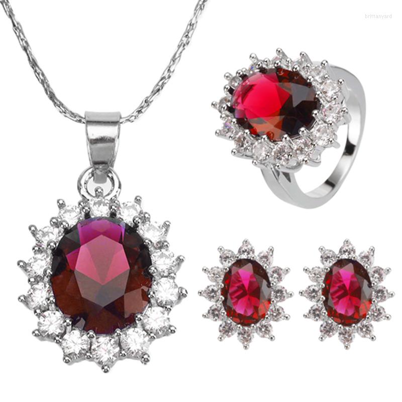 

Necklace Earrings Set Fashion Crystal Stone Engagement Wedding Jewelry Silver Color Brides Earring Ring For Women Ladies Gift, Picture shown