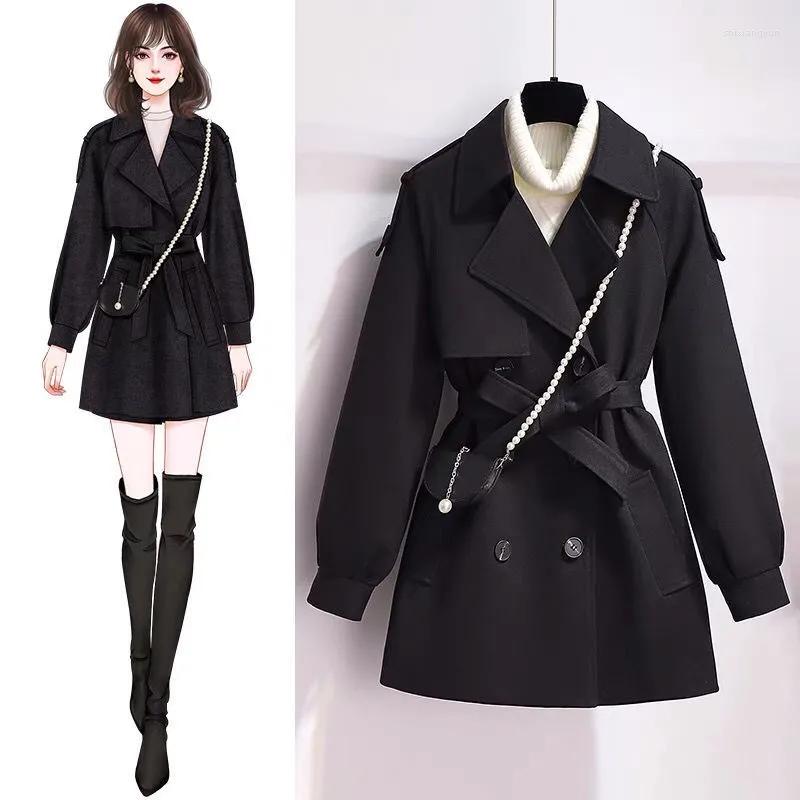 

Women' Trench Coats Black Short Woolen Coat Women' Spring Autumn Jacket 2022 Thicken Long Female Windbreaker