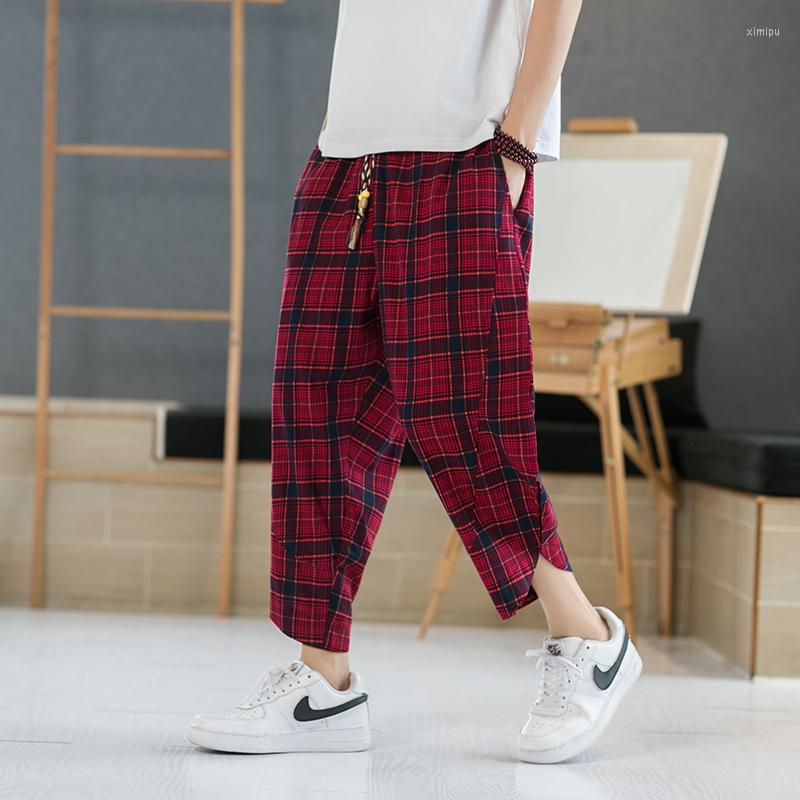 

Men's Pants 2022 Summer Ninth Men's Chinese-Style Plaid Harem Pants-plus Size Cotton Linen Casual Male Trousers M-5XL K59, Black