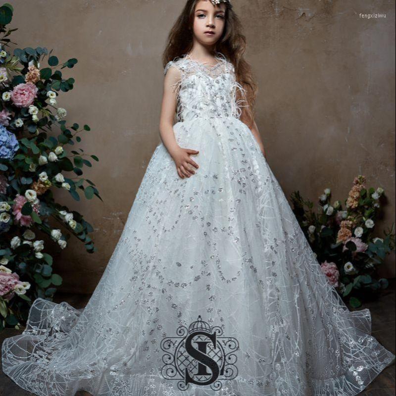 

Girl Dresses FATAPAESE Wedding Dress Luxurious Sparkly Lace Appqulies Feather Sequins Gowns Flower Kid A Line Ball Gown Juior Bridesmaid, Picture shown