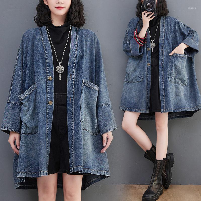 

Women's Trench Coats Large Size Women's Denim Clothing 2022 Autumn Literary Retro V-Neck Pocket Cowboy Jacket Loose Mid-Length, Blue