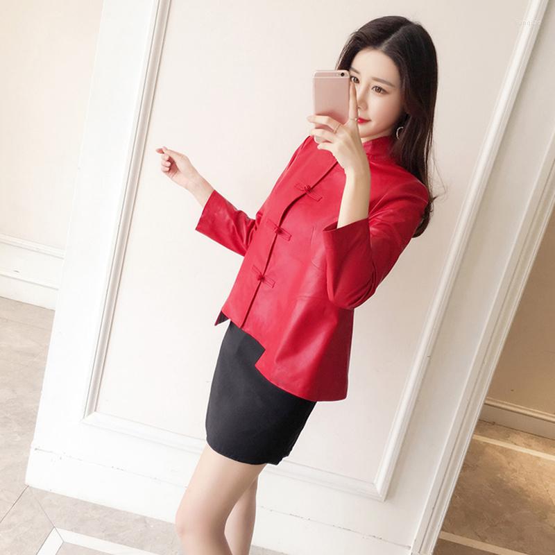 

Women's Leather Style Sheepskin Real Chinese Jacket Women Red Short Loose Genuine Fashion Coat Spring Soft Female Outwear, Black