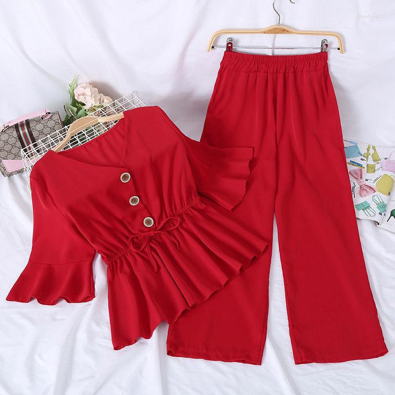 

Women's Two Piece Pants Summer Clothes For Women Suit Fashion V-neck Lotus Swing Crop Top High Waist Slim Wide Leg Set Women's Tracksuit, Wine red 2 piece set