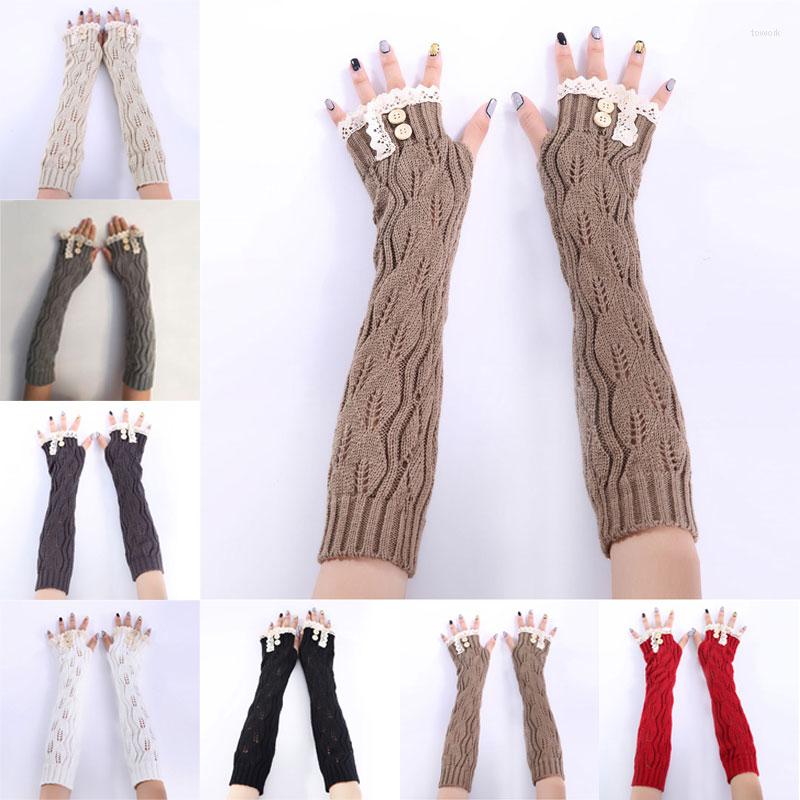 

Knee Pads 1pair Fashion Ladies Winter Arm Warmer Fingerless Gloves Lace Button Knitted Long Warm Mittens For Women NOV99, Beige