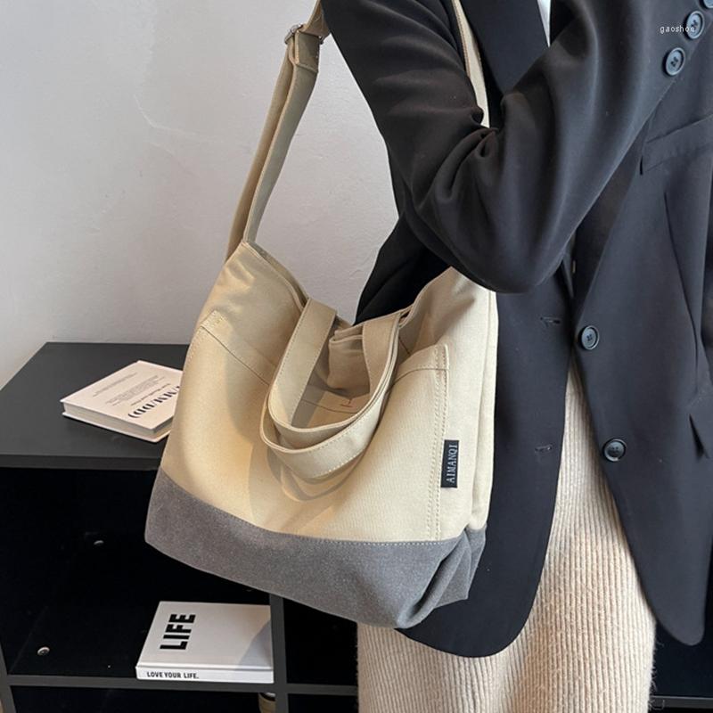 

Evening Bags Female Canvas Textile Big Capacity Work Laptop Short Handle Tote Bag Korea Patchwork Fabric Cloth Minimalist Commuter Pouch, Khaki