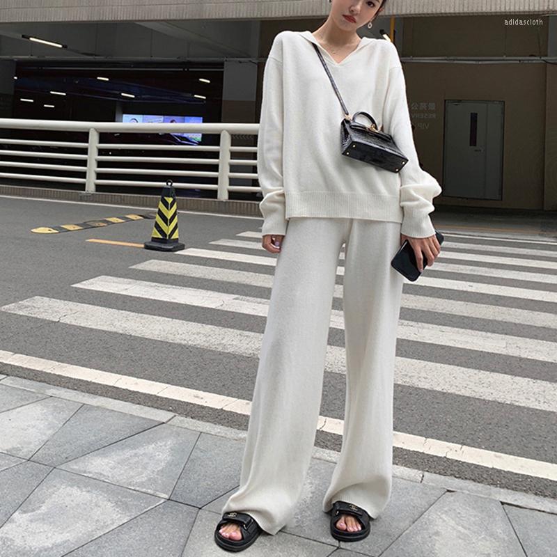 

Women's Two Piece Pants Women Spring Casual 2 Pieces Knit Sweater Set Autumn Sailor Collar Wide Leg Straight 2022 Female Knitted Suit, Gray