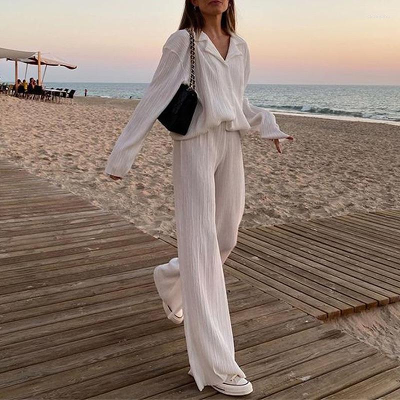 

Women' Two Piece Pants Causal Loose Home Suit Spring Autumn Long Sleeve Blouse High Wasit Wide Leg Set Women Elegant Pleated Pieces Pant, Blue
