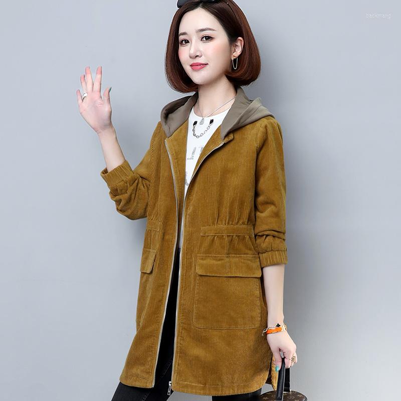 

Women's Trench Coats Middle-aged Mother Corduroy Coat Autumn Winter 2022 Loose Temperament Long Outwear Hooded Casual Female Windbreaker, Yellow