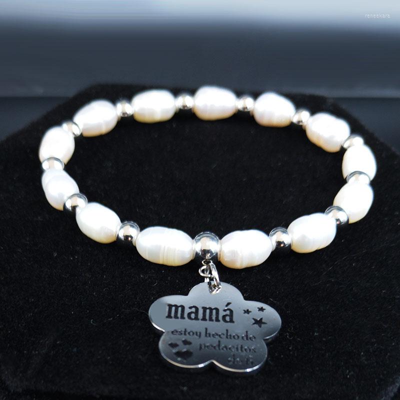 

Link Bracelets 2022 Mama Freshwater Pearls Stainless Steel Bracelet Silver Color Flower Family Bangles Jewelry Joyas B18644