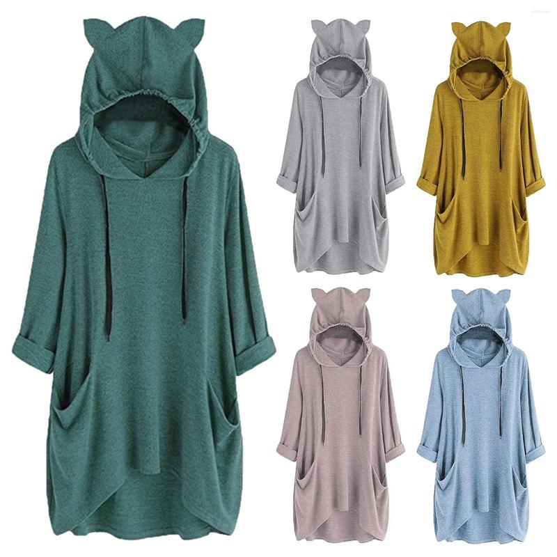 

Gym Clothing Hooded Sweatshirts Womens Casual Long Sleeve Cat Ear Hoodies Pullover Drawstring Sweatshirt Blouse With Pocket Moletom Feminino, Blue