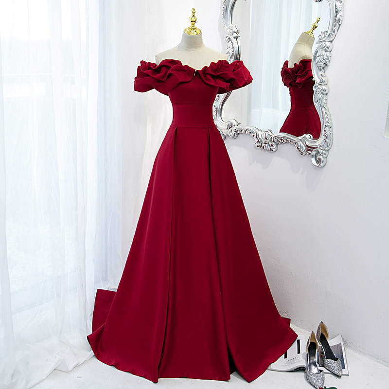 

Party Dresses Evening Dress Elegant Boat Neck Lace Up Floor Length Off The Shoulder A Line Burgundy Satin Formal Woman B1540 221119, Custom color