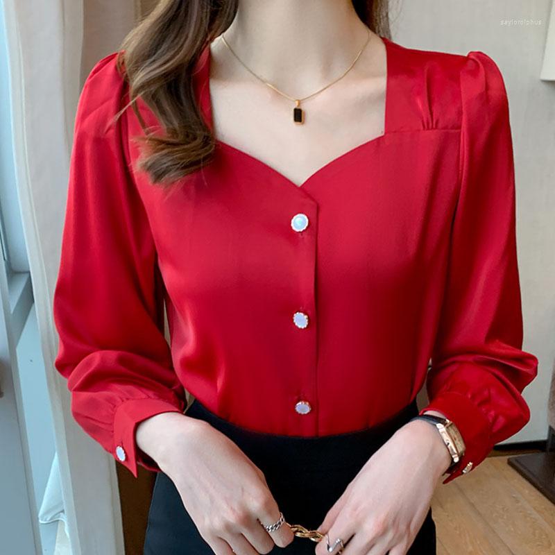 

Women' Blouses Long Sleeve Satin Shirt Women' Bubble Square Collar Red Blue White Blouse And Tops Women Vintage Button Up Shirts 2605