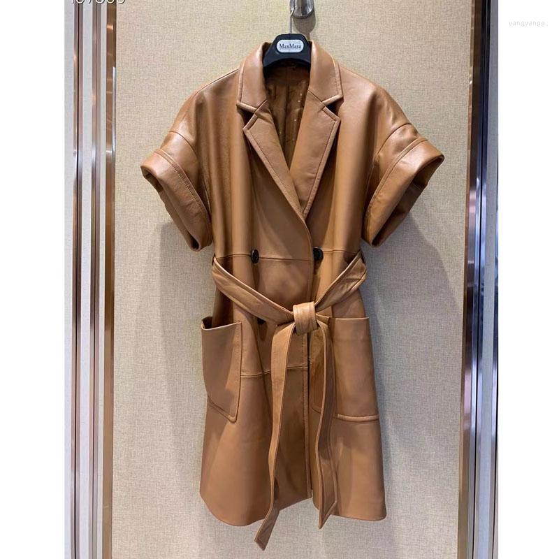 

Women' Leather Spring And Autumn Women Coat Long Length 2022 Genuine Jacket With Belt Female Clothes Short Sleeve Big Pocket