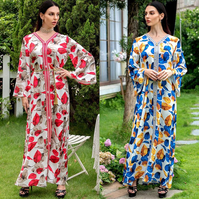 

Ethnic Clothing Print Maxi Dress Muslim Women Sfifa Ribbon Trim Flare Sleeve Abaya Belt Fashion Middle East Arabic Morocco Oman Clothes