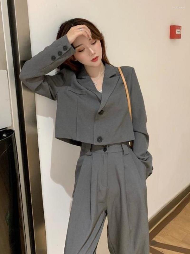 

Women' Two Piece Pants Autumn Punk Suits For Women Korean Short Blazer Jacket Wide-leg Ankle-length Two-piece Female Student Trend, Gray suits