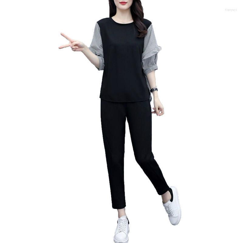 

Women's Two Piece Pants 2022 Summer Women Single Piece/Suit Sports Style Female Wear Belly Stripe Set T-Shirt Top Round Neck Two-Piece 2PCS, One-piece pants