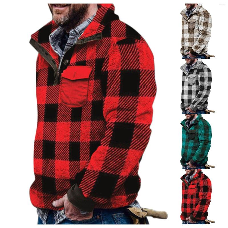 

Men's Casual Shirts Men's Plaid Turtleneck H Sweater Button Pullover WIth Pocket, Red