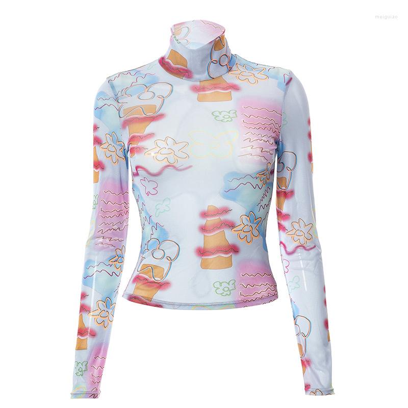 

Women' T Shirts Tie Dye Long Sleeve Mesh Sheer Ladies Turtleneck Tops Casual Tees Women Sexy Y2k Clothes Vintage Graphic Tee, Orange
