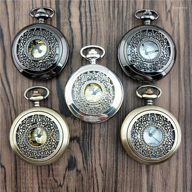 

Pocket Watches 100pcs/lot Classic Hollwed Quartz Watch Fob Clock Vintage Pendant Men Women Gift Reloj Wholesale, Black white dial