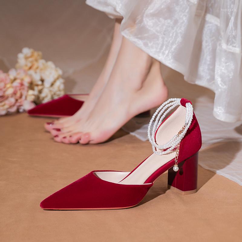 

Sandals Retro Style Wedding Shoes Pearl String Ankle Strap Wine Red Suede Sandal Square Heel Safe Cofortable Pregenant Bride Pumps, 6.5cm