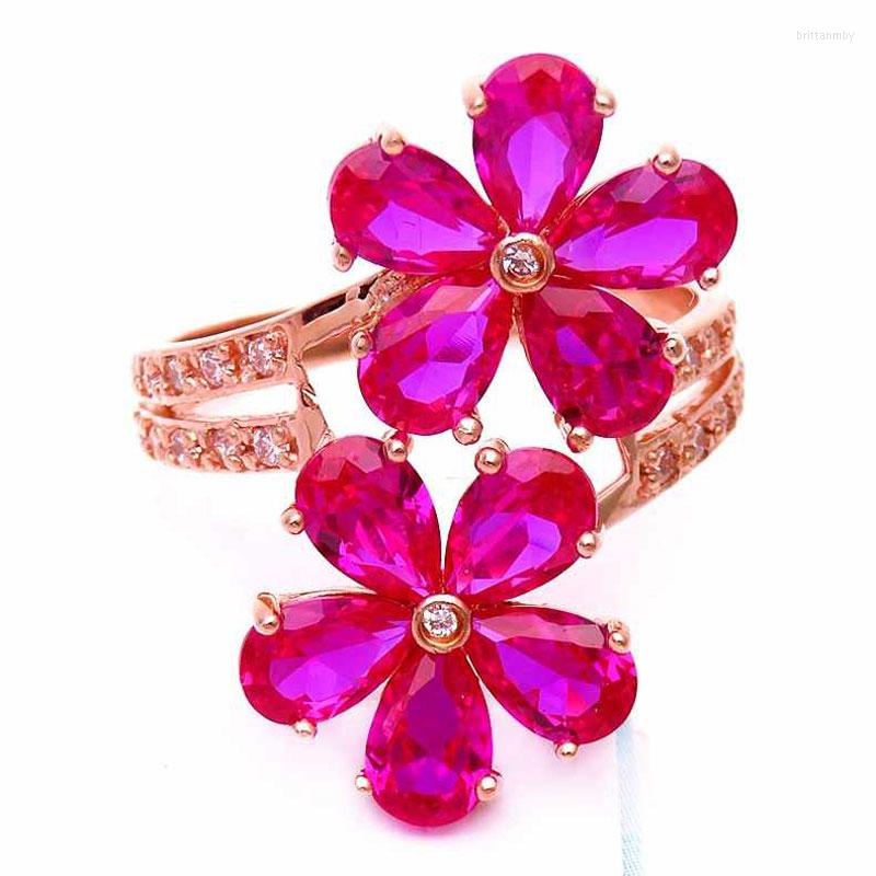 

Cluster Rings 585 Purple Gold Plated 14K Rose Inlaid Ruby Flower For Women Resizable Fashion Fresh Light Luxury Jewelry