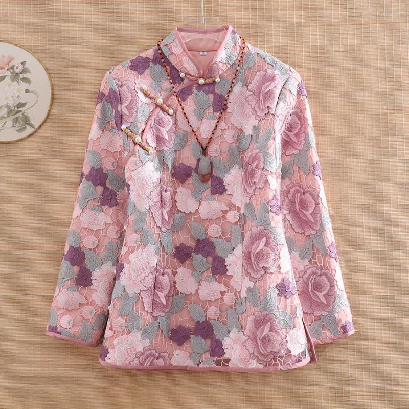 

Ethnic Clothing High-end Winter Women Lace Thick Warm Cotton Jacket Top Retro Embroidery Elegant Lady Hollow Out Coat Female S-XXL