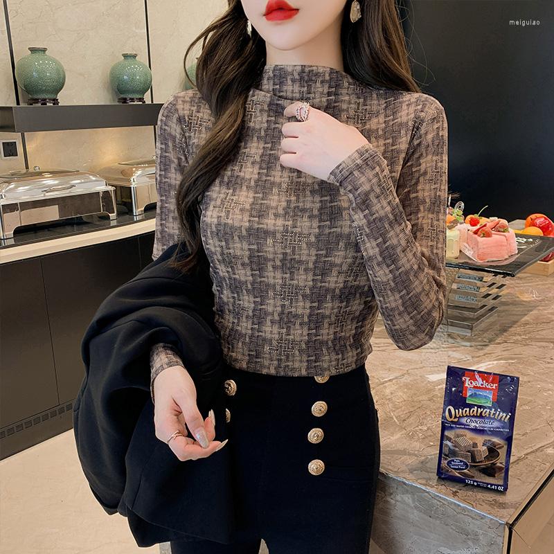 

Women' T Shirts European Fall Clothes Women' Long Sleeve Plaid Print Bottoming Tees Fashion Drilling Double Layers Soft Mesh Tops, Short sleeve