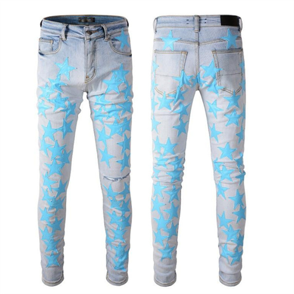 

Mens Jeans tripp pants Ripped designer jeans Skinny Slim Elastic Denim Biker Long Hole Elasticity Casual Zipper Star pattern Washed Motocycle patchwork Size 28-40