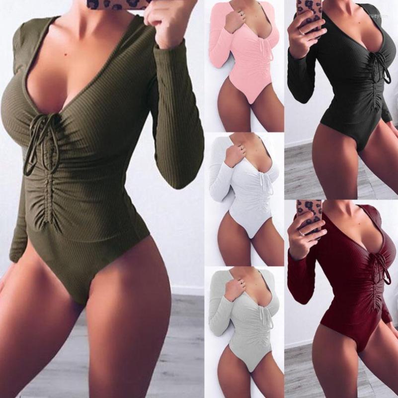 

Women' Two Piece Pants Women Sexy Rompers V Neck Cotton Bodysuit Long Sleeve Spring Clothing Wear Slim Short Knitted Bodycon Bandage, Pink