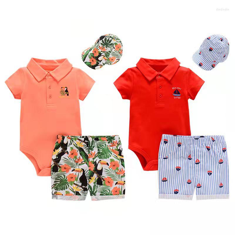

Clothing Sets 2022 Baby Set Lapel Romper Short Hat Three-piece Sleeve Boy Girl Clothes Fashion Summer Outerwear
