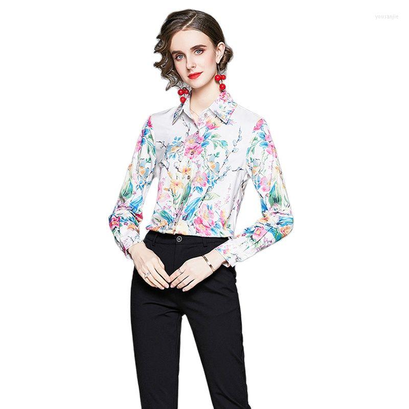 

Women' Blouses Luxury Runway Floral Beautiful Shirt Women 2022 Autumn Long Sleeve Lapel Printed Casual Blouse Sweet Office Ladies Designer, White