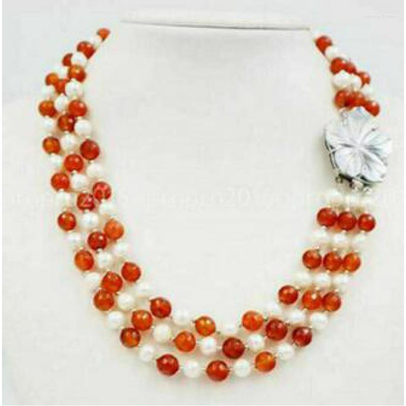 

Chains Natural Gem 3 Rows 7-8mm White Pearl Nelace Shell Flower Clasp 18''