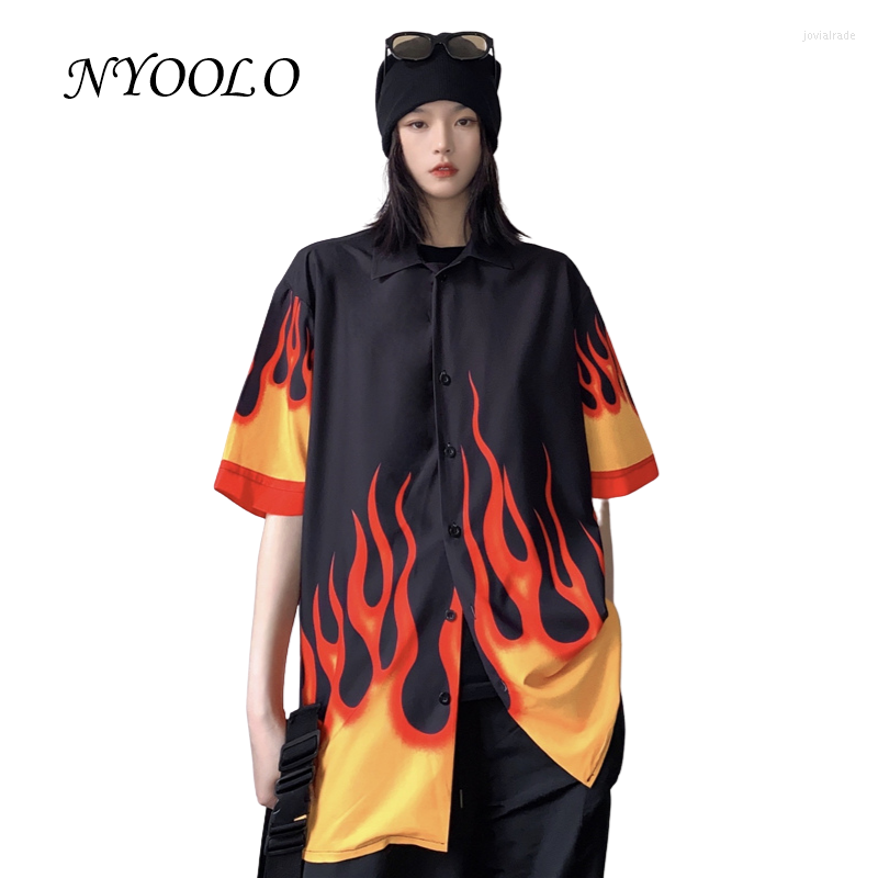 

Women's Blouses NYOOLO Casual Streetwear Flame Pattern Short Sleeve Punk Shirt Women Men Clothing Summer Loose Hip Hop Skateboard Blouse, Black
