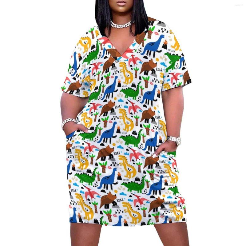 

Plus Size Dresses Cute Dinosaurs Casual Dress Summer Funny Animals Pinrt Female V Neck Print Aesthetic, Style-12