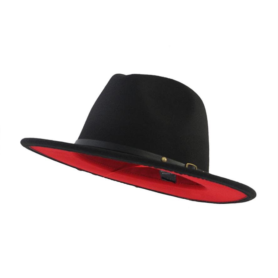 

Trend Red Black Patchwork Wool Felt Jazz Fedoras Hat For Men Women Top Cap Winter Panama Women Hats For Church British Flat Caps Y20011284S