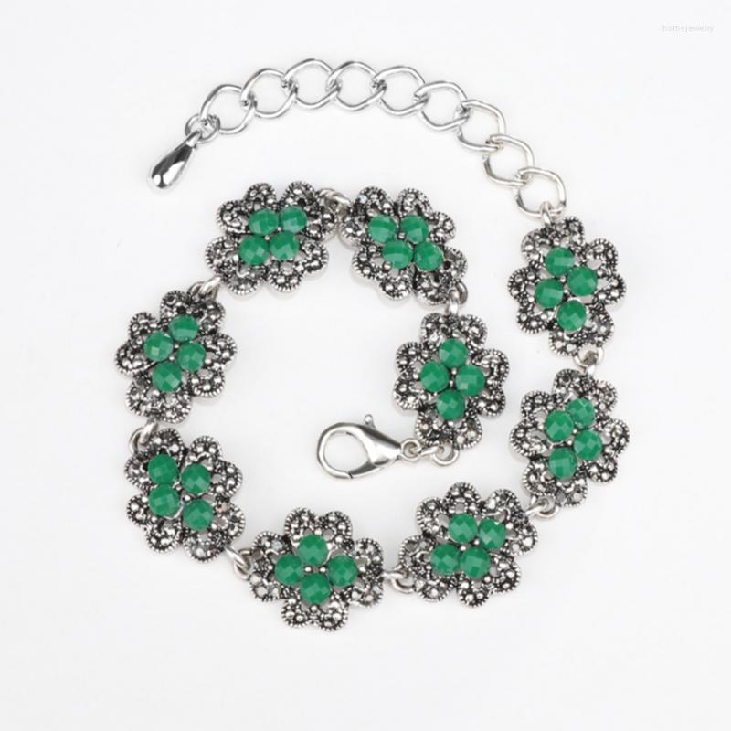 

Link Bracelets FYJS Unique Silver Plated Alloy Chain Flower Green Resin Bracelet For Anniversary Gift Jewelry