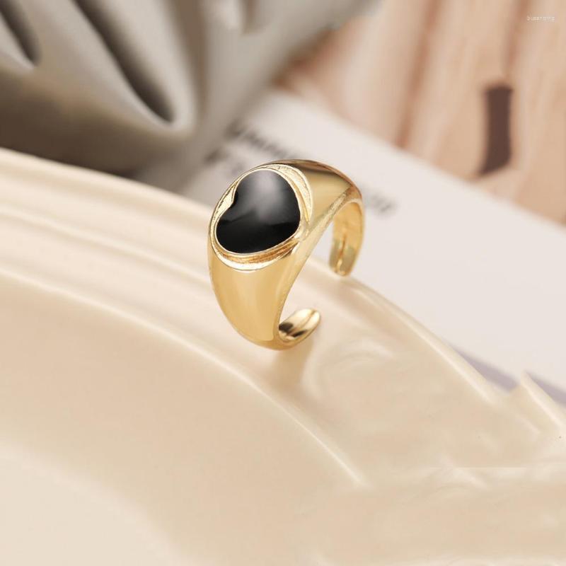

Wedding Rings Women Enamel Black Red Heart For Gold Color Adjustable Open Ring Korean Couple Jewelry Bague Femme