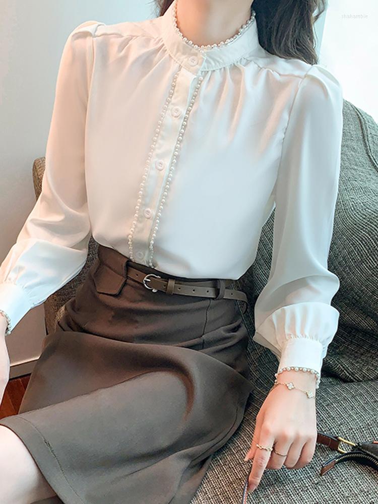 

Women' Blouses Spring Long Sleeve Blouse Women Beading Stand Collar White Chiffon Shirt Blusas Mujer De Moda 2022 Shirts F349