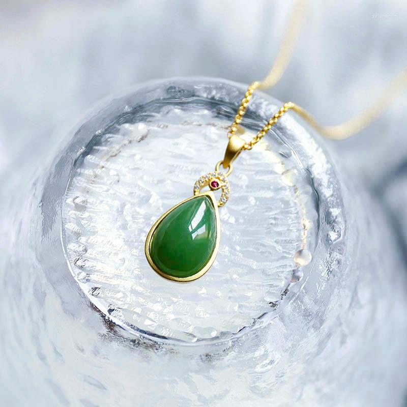 

Chains Silver Inlaid Natural Hetian Drop-shaped Chalcedony Pendant Necklace Chinese Retro Craft Charm Women's Brand Jewelry