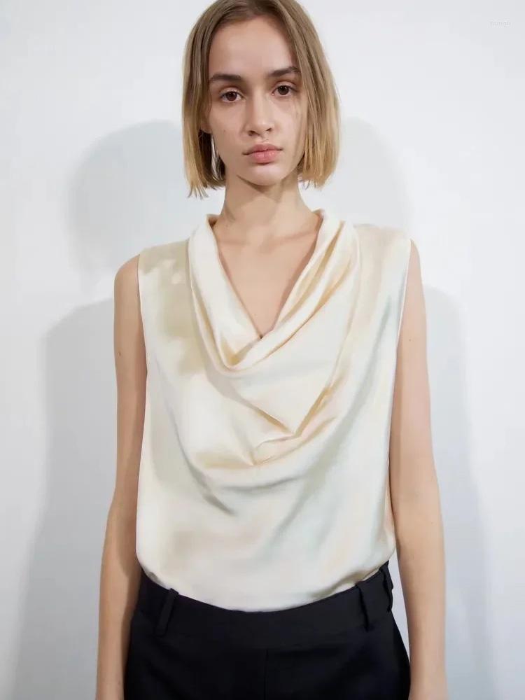 

Women's Blouses Women Fashion Solid Color Sleeveless Vest Smock Blouse Lady Chic Simply White Satin Shirt Casual Blusas Tops