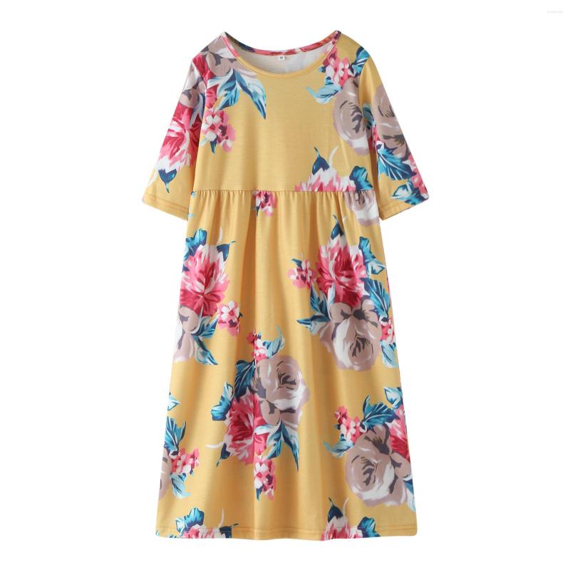

Girl Dresses Mommy And Me 1/2 Sleeve Casual Floral Family Matching Outfits Summer Maxi Long Dress 3-10Y Child Clothes, Yellow