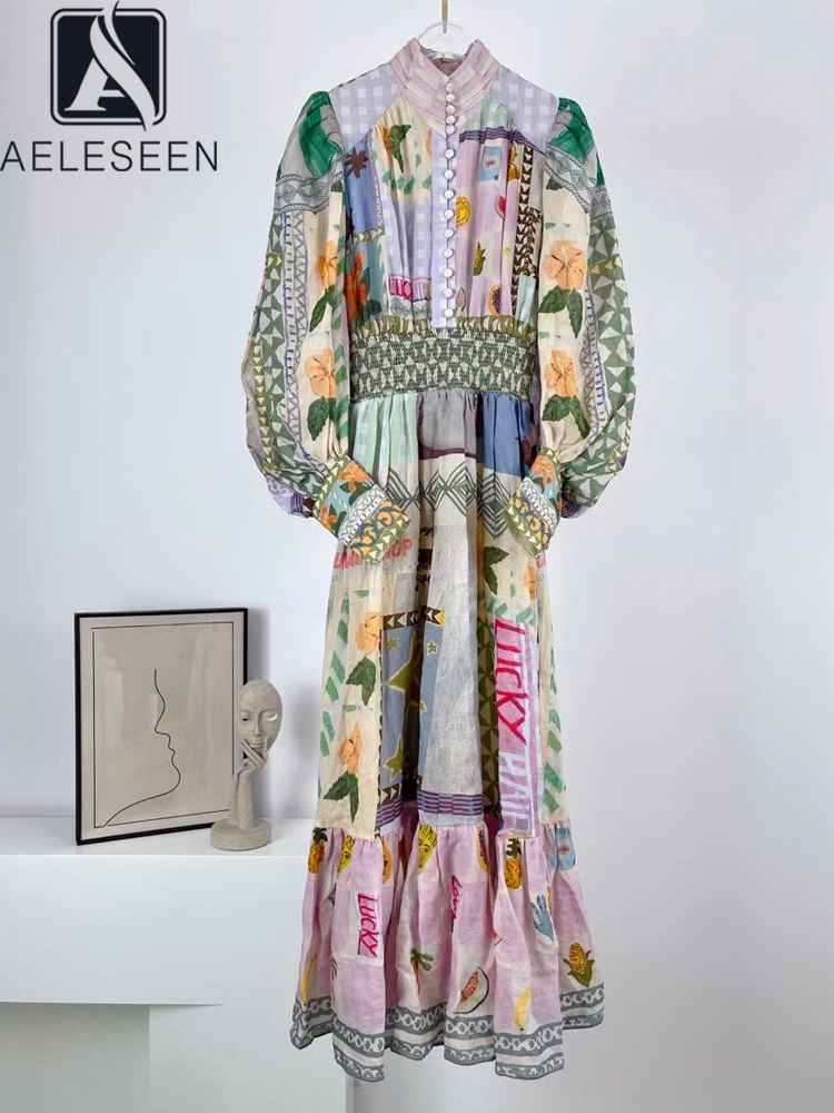 

Casual Dresses AELESEEN Women's Spring Summer Dress Runway Fashion Lantern Sleeve Turtleneck Single Breasted Flower Printed Maxi Party 221119, Blue