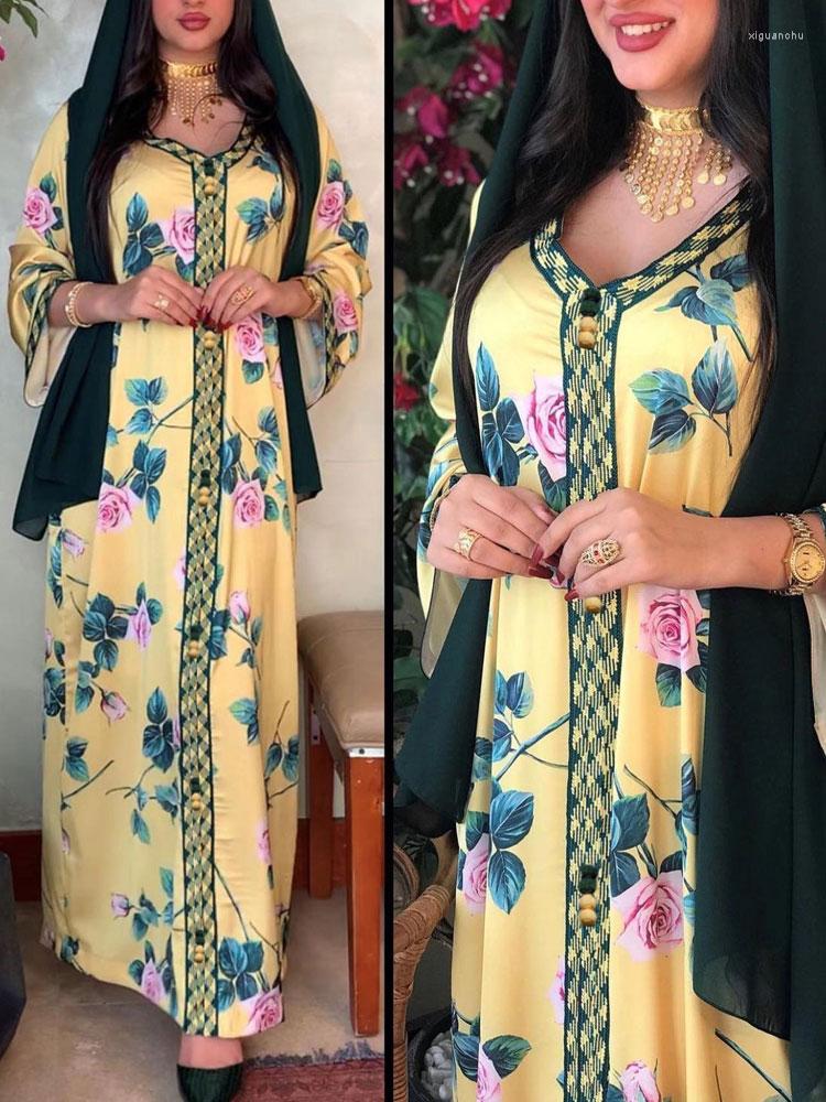 

Ethnic Clothing Dubai Abaya Jalabiya Maxi Dress For Women Fashion Long Sleeve Loose Robe Rose Printed Muslim Kaftan Islamic Arabic Turkey