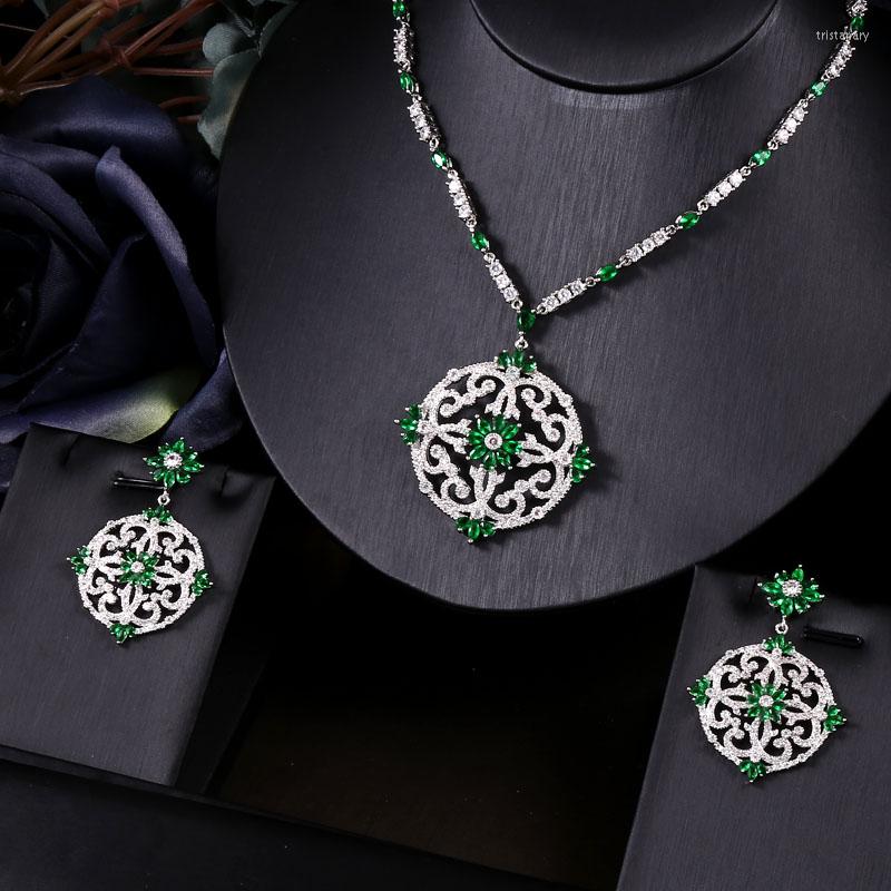 

Necklace Earrings Set JaneKelly Green Nigeria 2pcs Zirconia Sets For Women Party Dubai CZ Crystal Wedding Bridal, Picture shown